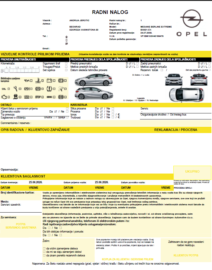 OPEL radni nalog